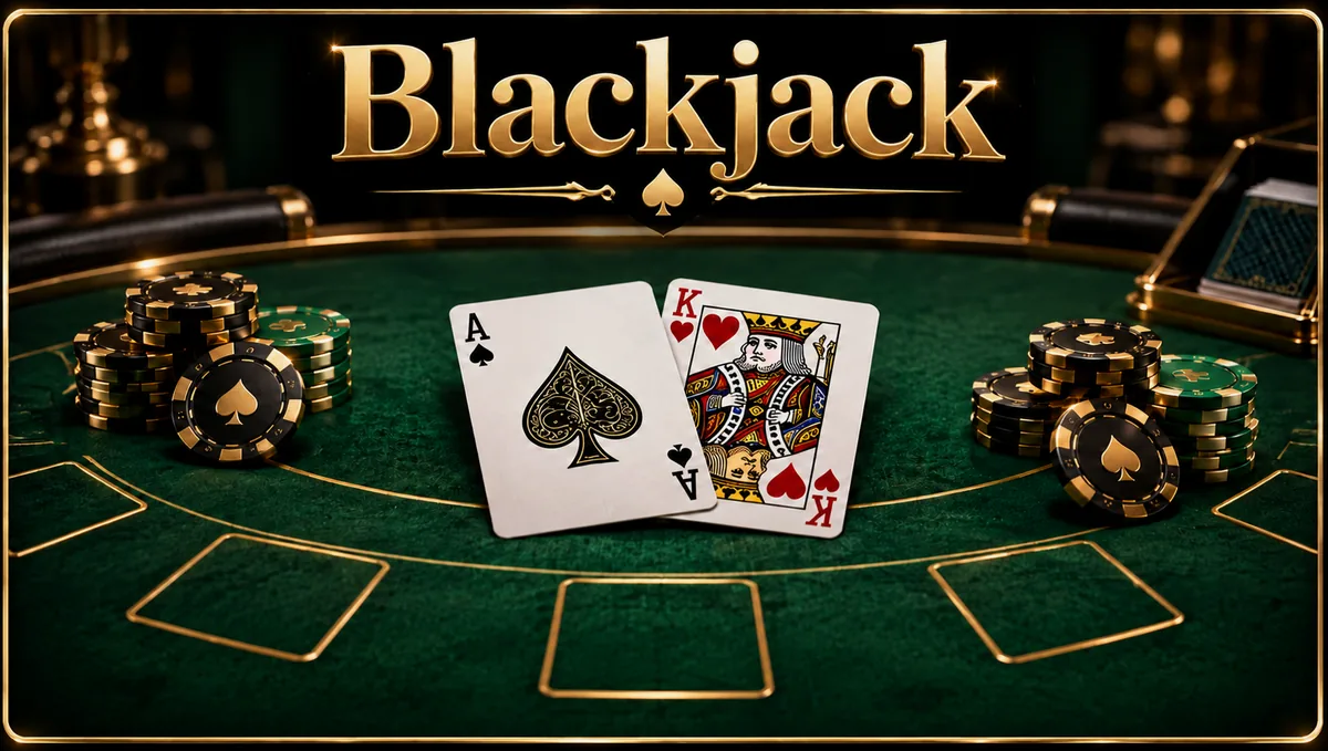 Ilustración editorial de blackjack con el título del juego y una escena inspirada en él