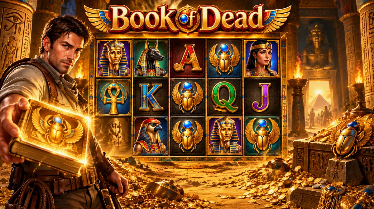 Ilustración editorial de Book of Dead con el título del juego y una escena inspirada en su temática egipcia