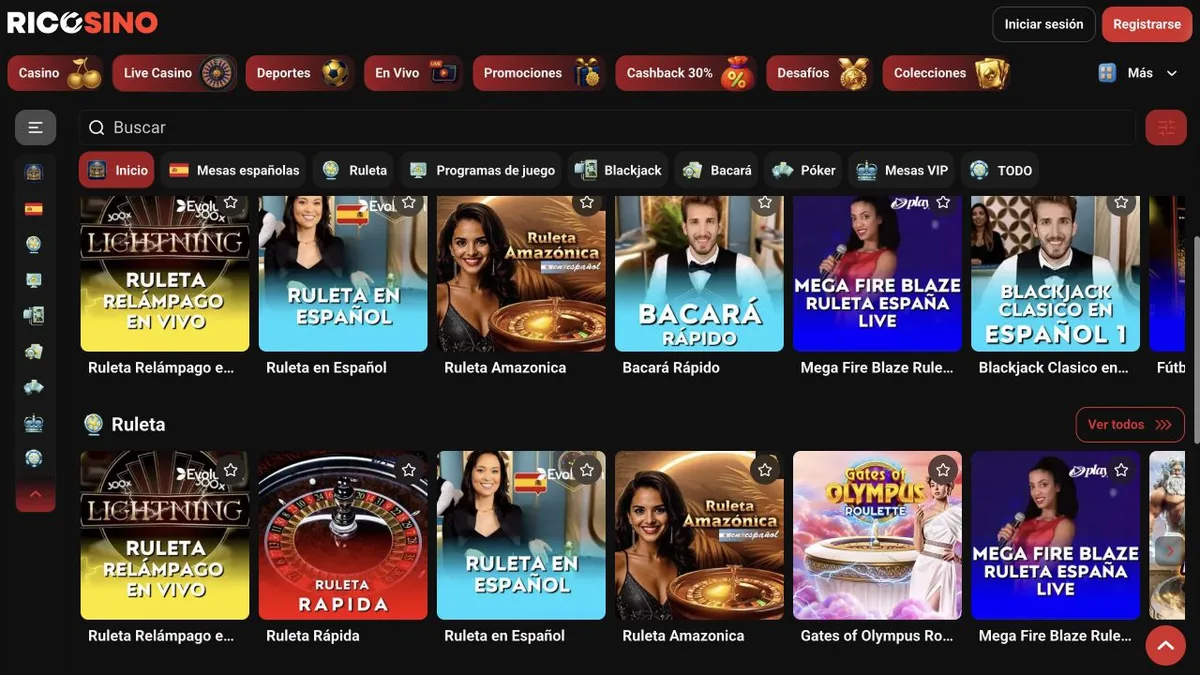 Captura del Live Casino de Ricosino con las categorías y mesas como Ruleta Relámpago en Vivo, Ruleta en Español y Blackjack Clásico en Español 1