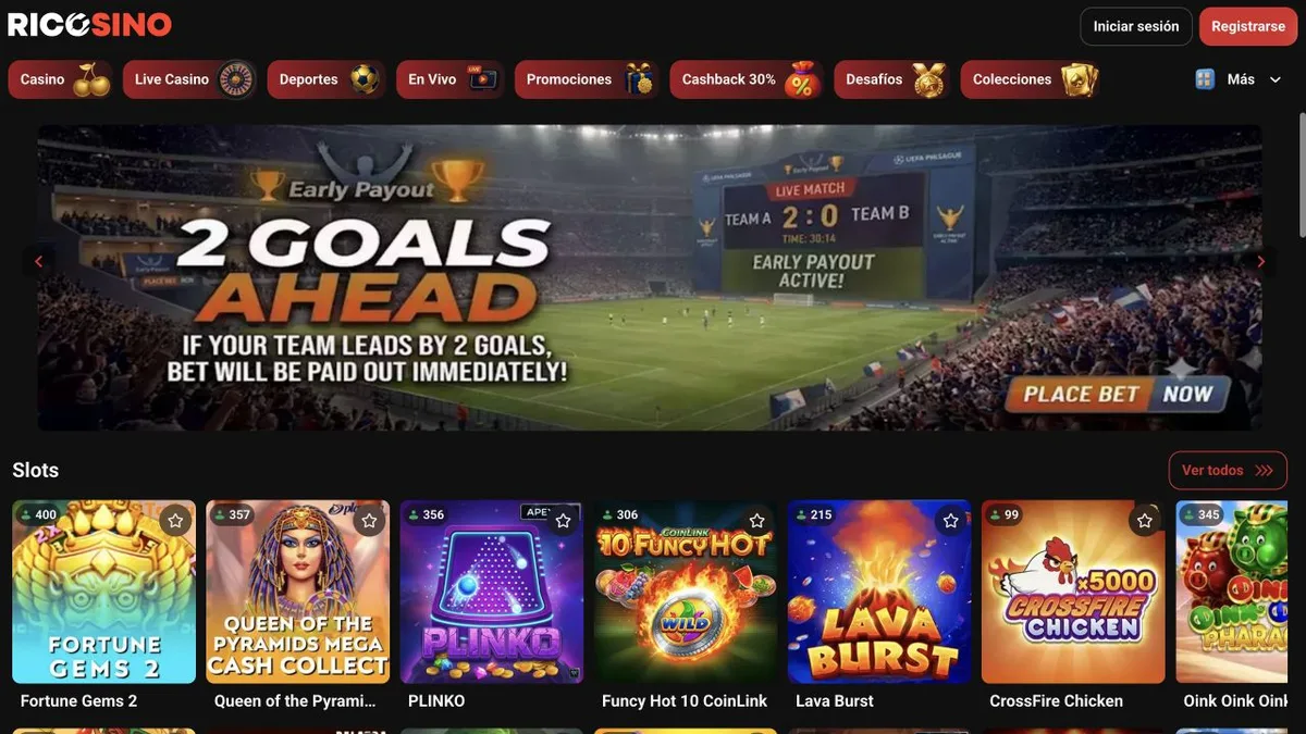 Captura de la portada de Ricosino con el menú Casino, Live Casino, Deportes, En Vivo, Promociones, Cashback 30%, Desafíos y Colecciones