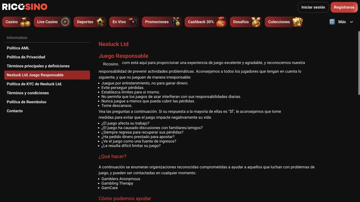 Captura de la página Nexluck Ltd Juego Responsable de Ricosino con consejos, preguntas de autoevaluación y organizaciones de ayuda