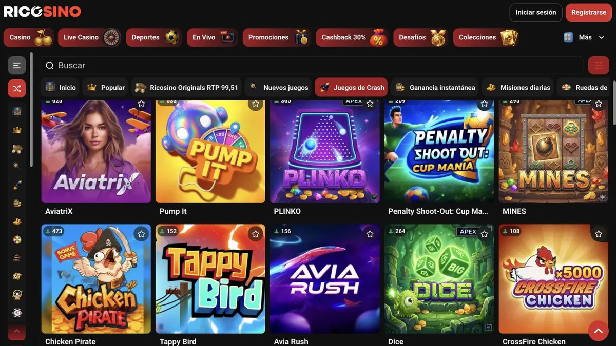 Captura de la categoría Juegos de Crash de Ricosino con fichas como AviatriX, PLINKO y MINES