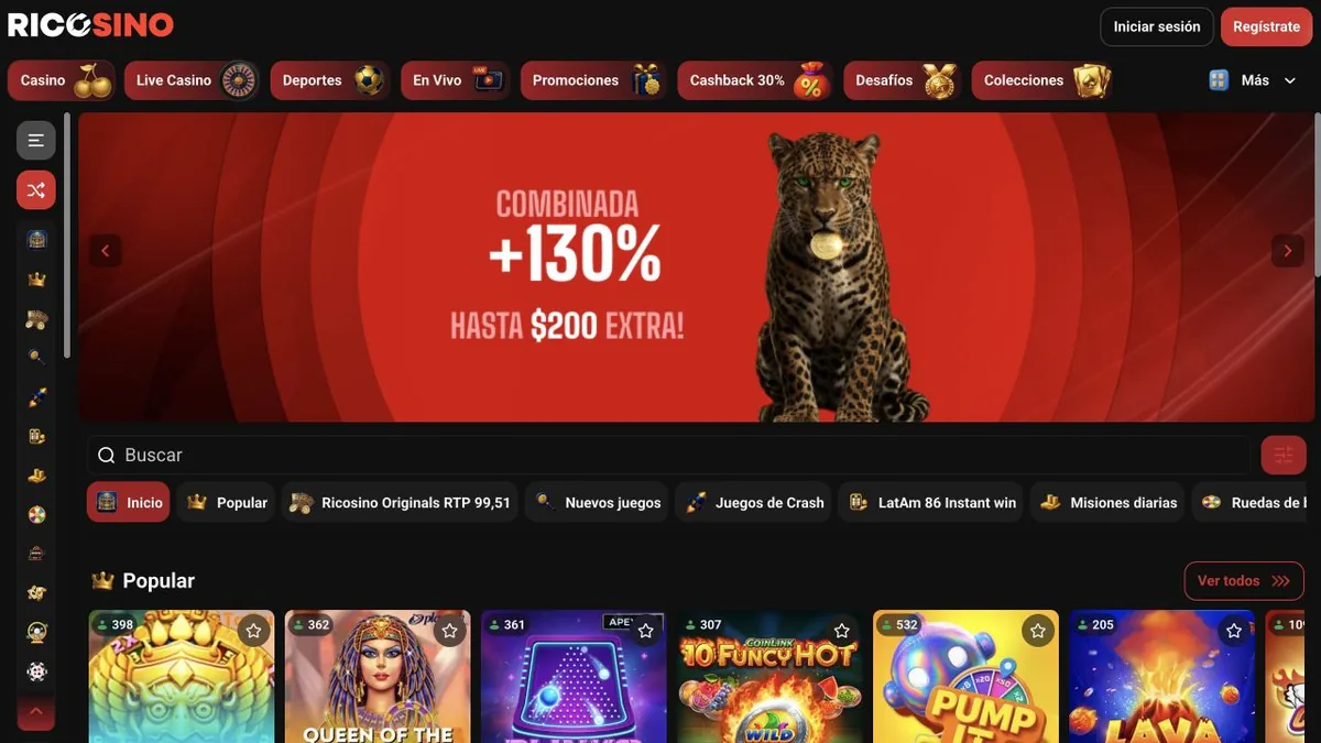 Captura del lobby de la versión mexicana de Ricosino con el banner Retiros en hasta 3 horas, sin esperas y la fila Popular