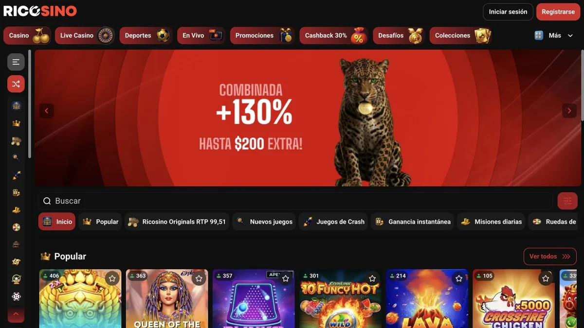 Captura del lobby de casino de Ricosino con buscador y las categorías Popular, Ricosino Originals, Nuevos juegos y Juegos de Crash
