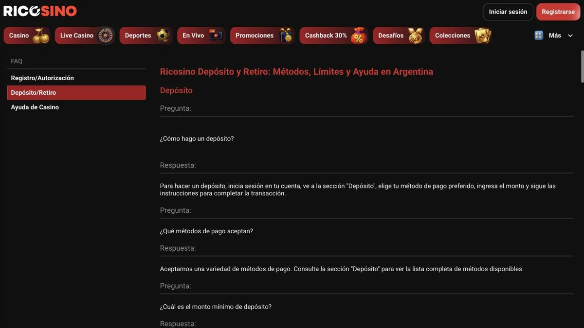 Captura de la FAQ de depósito y retiro de Ricosino con preguntas genéricas sobre métodos de pago