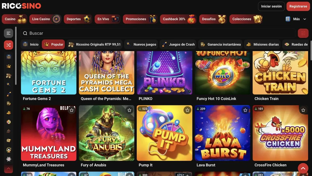 Captura de la categoría Popular de Ricosino con Fortune Gems 2, Queen of the Pyramids, PLINKO y otros títulos