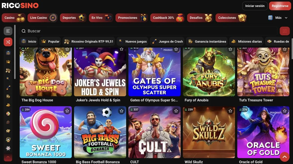 Captura del lobby de Ricosino con juegos de Pragmatic Play como The Big Dog House, Gates of Olympus Super Scatter y Sweet Bonanza 1000