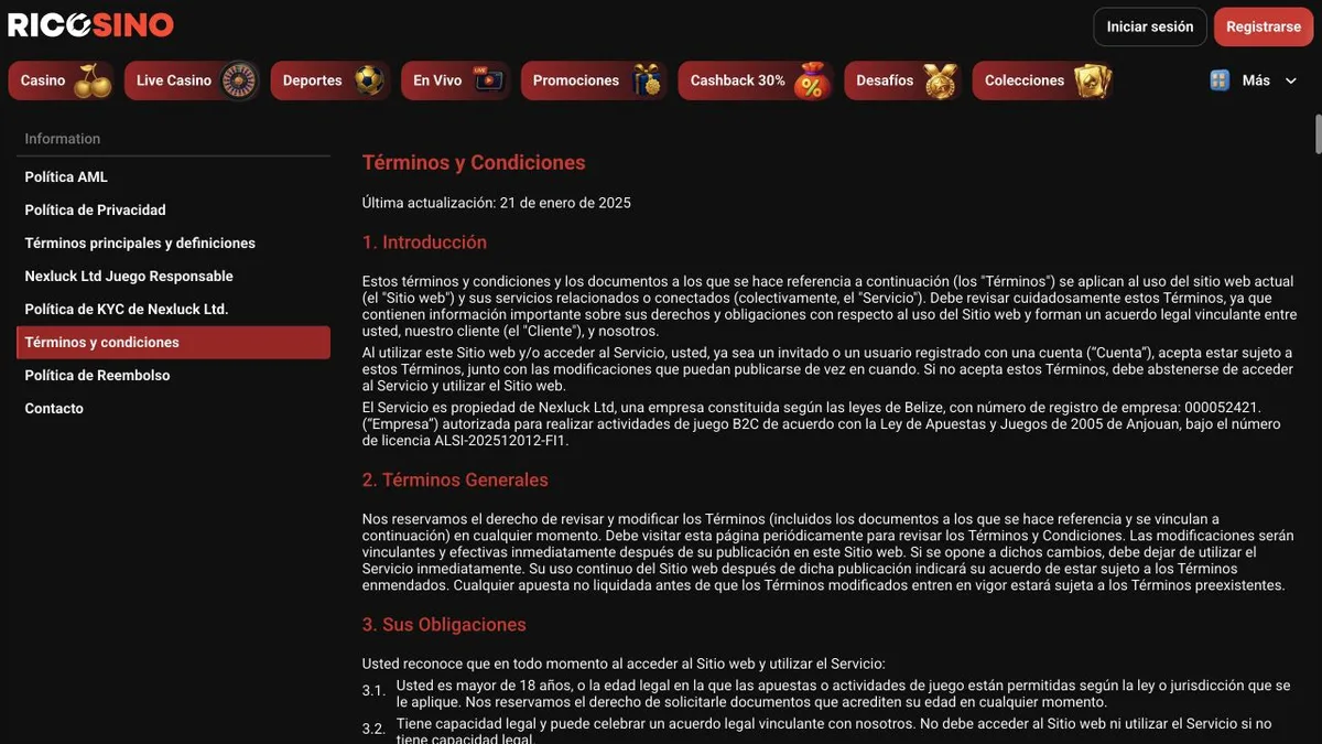 Captura de los Términos y Condiciones de Ricosino donde se nombra a Nexluck Ltd y la licencia de Anjouan