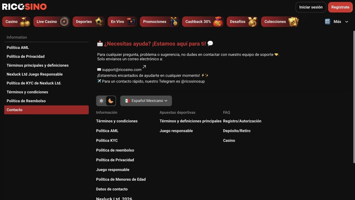 Captura de la página de contacto de Ricosino en la versión mexicana, con el selector de idioma en México