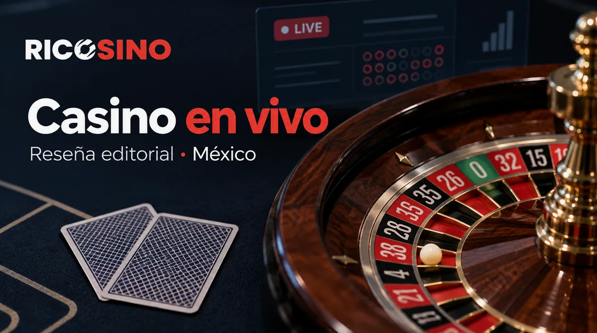 Portada editorial Casino en vivo, con tarjetas de mesas en vivo y una ruleta bajo luz de estudio