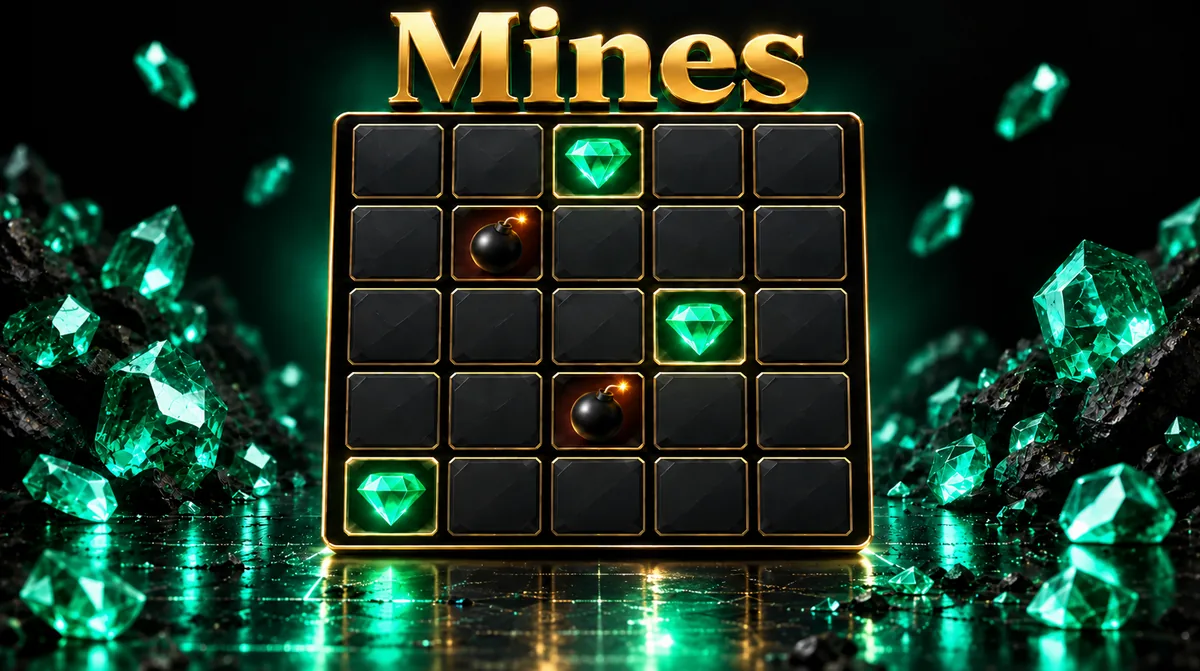 Ilustración editorial de Mines con el título del juego y una escena inspirada en él