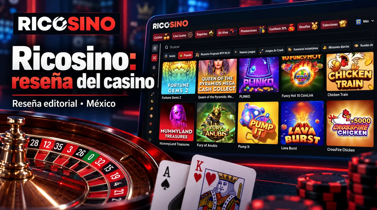 Portada editorial Ricosino: reseña del casino, con ruleta, cartas y un panel de fichas del lobby