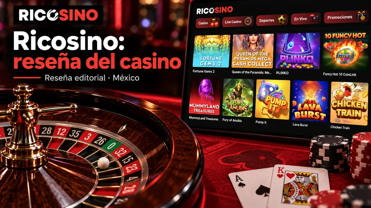 Portada editorial con el título Ricosino: reseña del casino, una ruleta, cartas y fichas del lobby