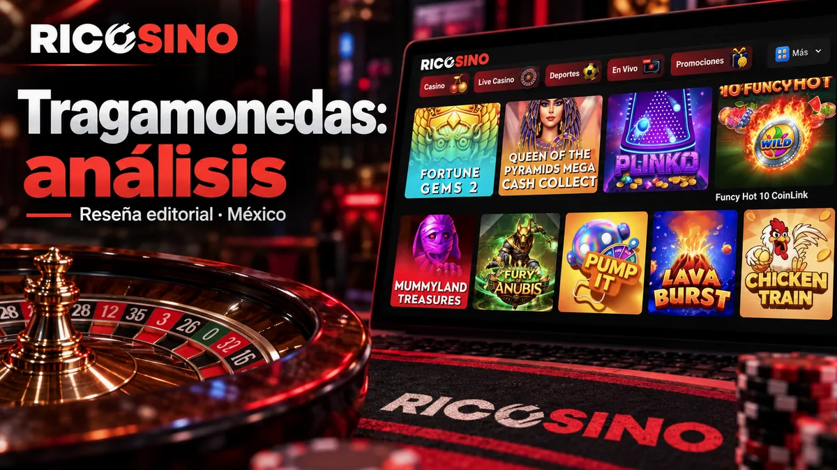 Portada editorial Tragamonedas: análisis, con portadas de slots y detalles de un gabinete de carretes