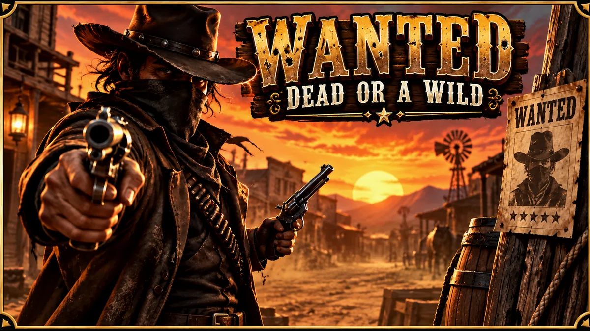 Ilustración editorial de Wanted Dead or a Wild con el título del juego y una escena inspirada en él